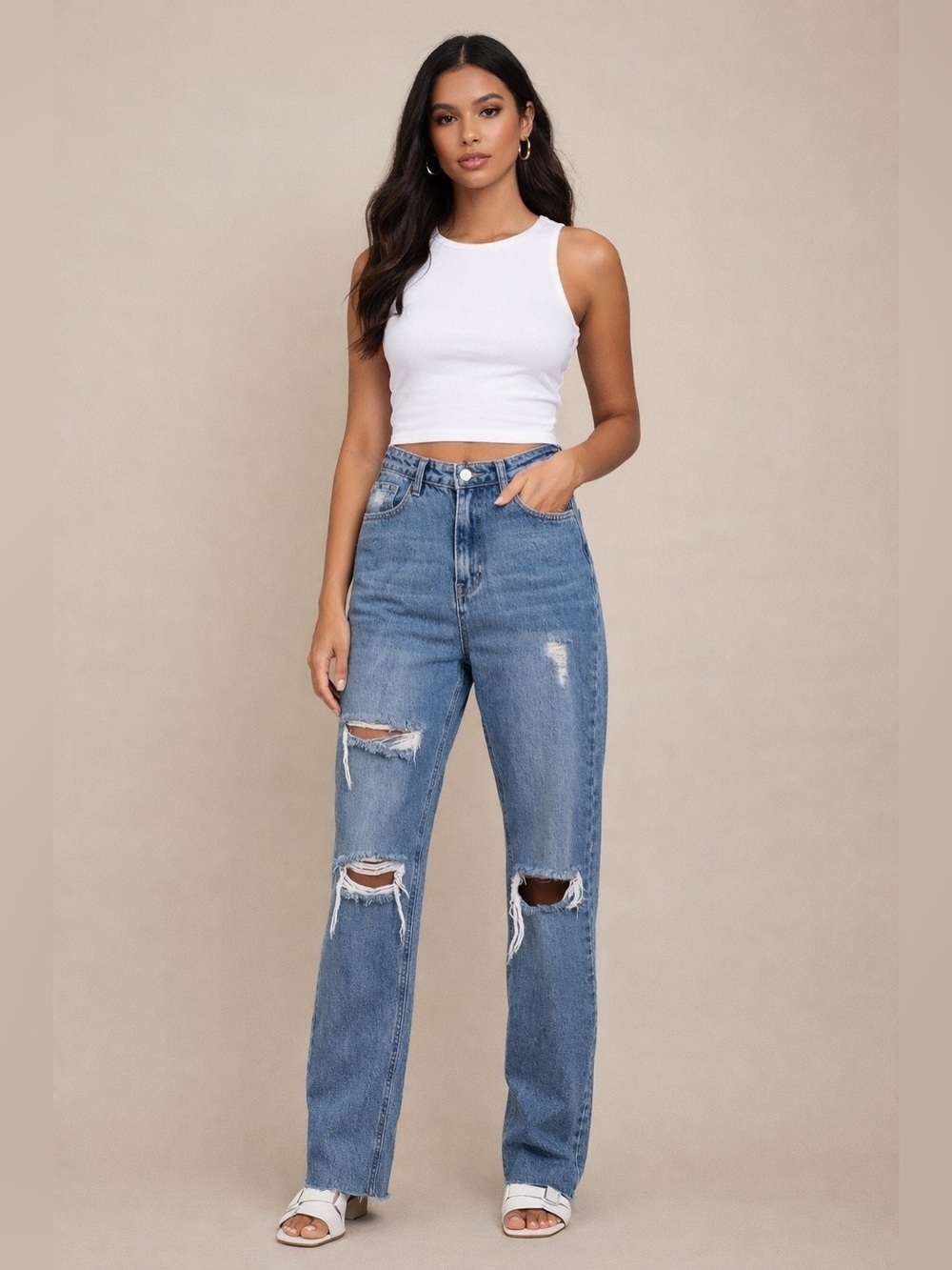 Missguided 4 Tall Straight Leg Jeans Blue Distressed Ripped worn Denim NWT